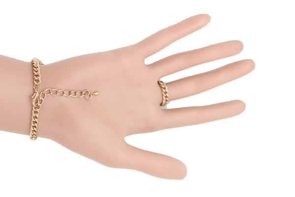 Brand New Women Jewelry Nautical Fashion Bracelet Gold Metal Hand Chain Anchor Charm Ring