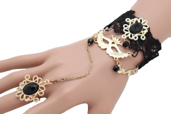 Brand New Women Gold Metal Hand Chain Black Flower Lace Bracelet Mask Masquerade Ring