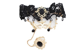 Women Gold Metal Hand Chain Black Flower Lace Bracelet Mask Masquerade Connected Ring
