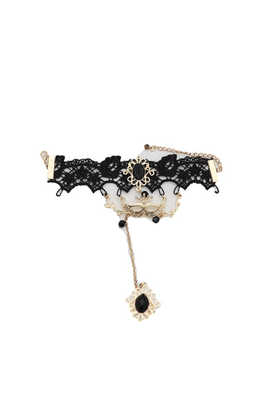 Brand New Women Gold Metal Hand Chain Black Flower Lace Bracelet Mask Masquerade Ring