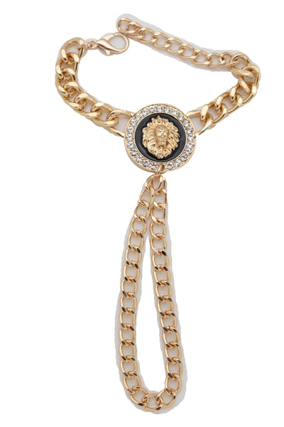Women Wrist Bracelet Fashion Jewelry Gold Metal Hand Chain Bling Lion Charm Ring Night Club Party