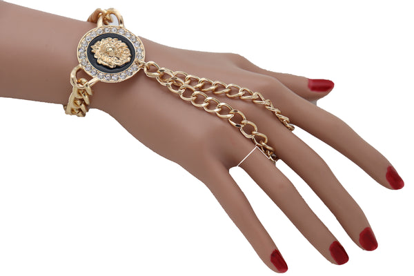 Brand New Women Wrist Bracelet Fashion Jewelry Gold Metal Hand Chain Bling Lion Charm Ring