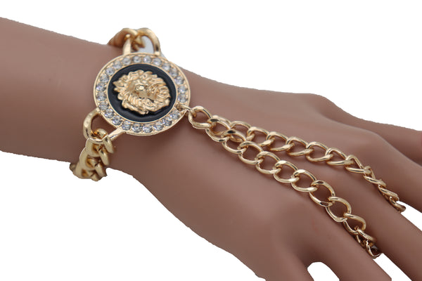 Women Wrist Bracelet Fashion Jewelry Gold Metal Hand Chain Bling Lion Charm Ring Night Club Party