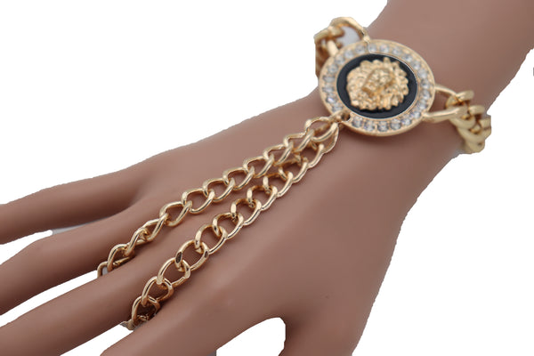 Brand New Women Wrist Bracelet Fashion Jewelry Gold Metal Hand Chain Bling Lion Charm Ring
