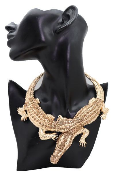 Brand New Women Bling Fashion Fancy Necklace Gold Metal Chain Crocodile Alligator Pendant