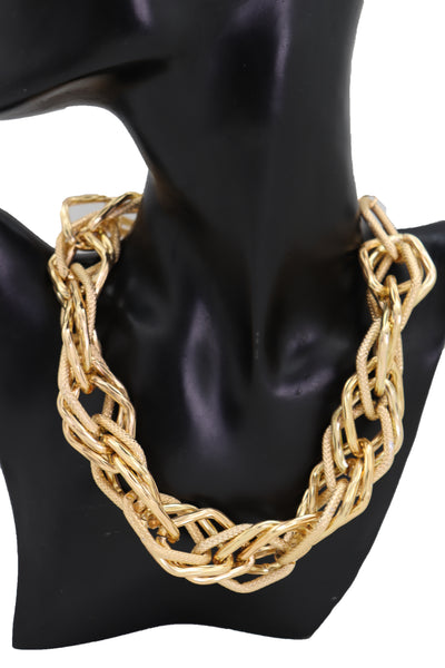 Brand New Women Fashion Short Necklace Gold Metal Chain Thick Multi Links Strand Jewelry