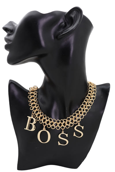 Brand New Women Fashion Necklace Gold Mesh Metal Chain Links BOSS Pendant Charm Jewelry