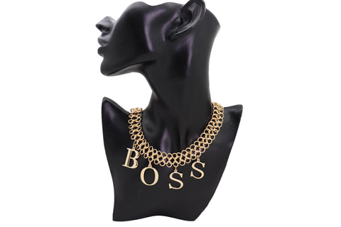 Brand New Women Fashion Necklace Gold Mesh Metal Chain Links BOSS Pendant Charm Jewelry