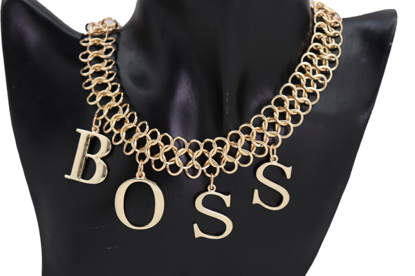 Brand New Women Fashion Necklace Gold Mesh Metal Chain Links BOSS Pendant Charm Jewelry