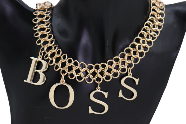 Brand New Women Fashion Necklace Gold Mesh Metal Chain Links BOSS Pendant Charm Jewelry