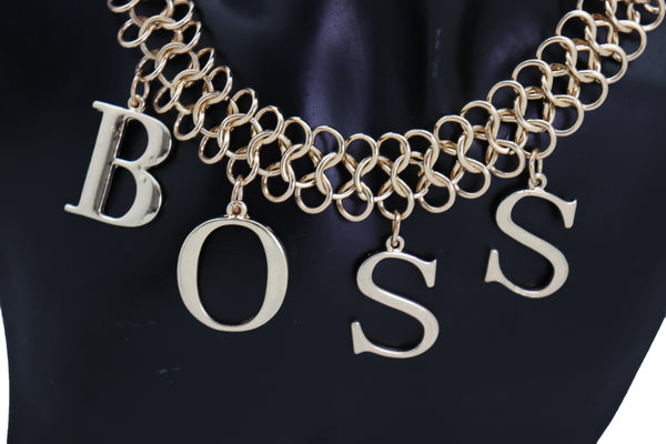 Brand New Women Fashion Necklace Gold Mesh Metal Chain Links BOSS Pendant Charm Jewelry