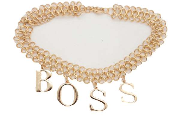 Brand New Women Fashion Necklace Gold Mesh Metal Chain Links BOSS Pendant Charm Jewelry