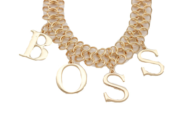 Brand New Women Fashion Necklace Gold Mesh Metal Chain Links BOSS Pendant Charm Jewelry
