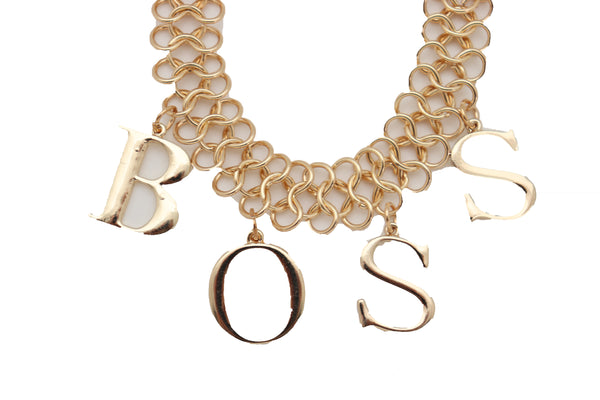 Brand New Women Fashion Necklace Gold Mesh Metal Chain Links BOSS Pendant Charm Jewelry