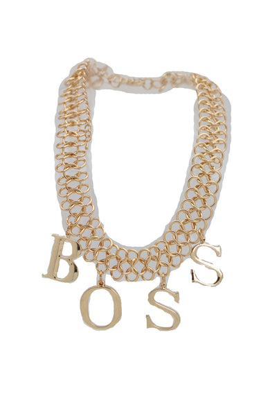 Brand New Women Fashion Necklace Gold Mesh Metal Chain Links BOSS Pendant Charm Jewelry