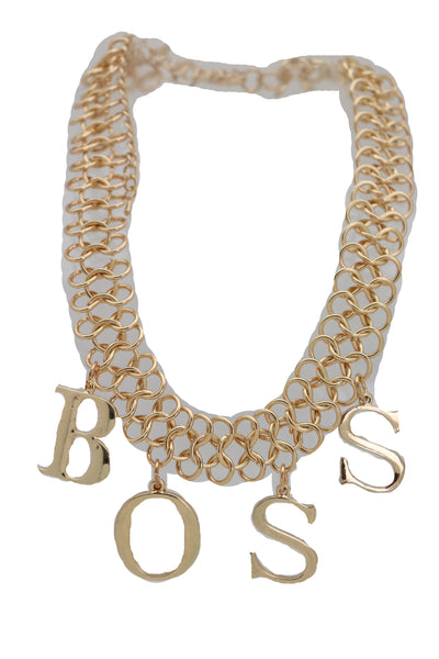 Brand New Women Fashion Necklace Gold Mesh Metal Chain Links BOSS Pendant Charm Jewelry