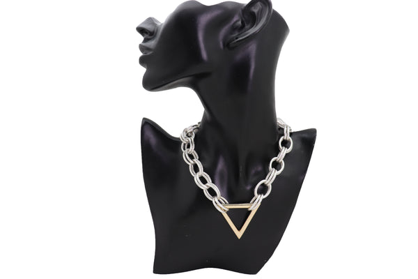 Brand New Women Necklace Silver Metal Chain Links Fashion Jewelry Gold Triangle Pendant