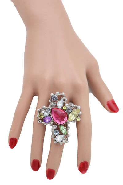 Brand New Women Silver Metal Ring Fashion Jewelry Elastic Band Cross Bling Beads Religious