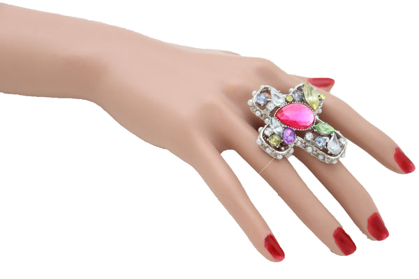 Brand New Women Silver Metal Ring Fashion Jewelry Elastic Band Cross Bling Beads Religious