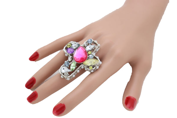 Brand New Women Silver Metal Ring Fashion Jewelry Elastic Band Cross Bling Beads Religious