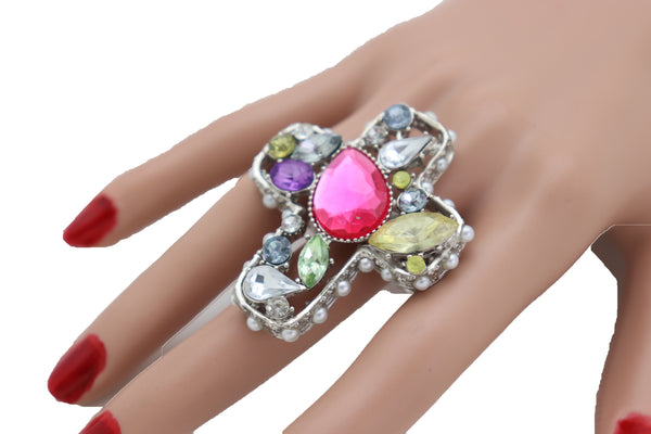 Brand New Women Silver Metal Ring Fashion Jewelry Elastic Band Cross Bling Beads Religious
