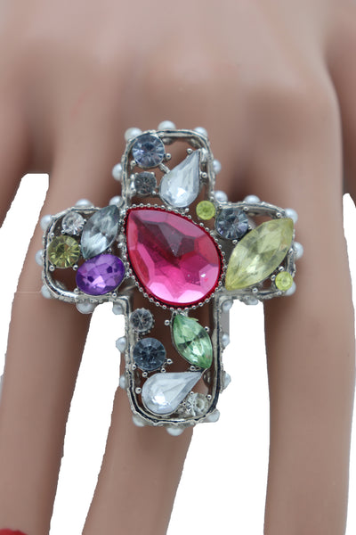 Brand New Women Silver Metal Ring Fashion Jewelry Elastic Band Cross Bling Beads Religious