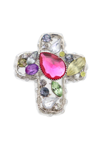 Brand New Women Silver Metal Ring Fashion Jewelry Elastic Band Cross Bling Beads Religious