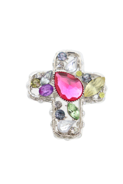 Brand New Women Silver Metal Ring Fashion Jewelry Elastic Band Cross Bling Beads Religious