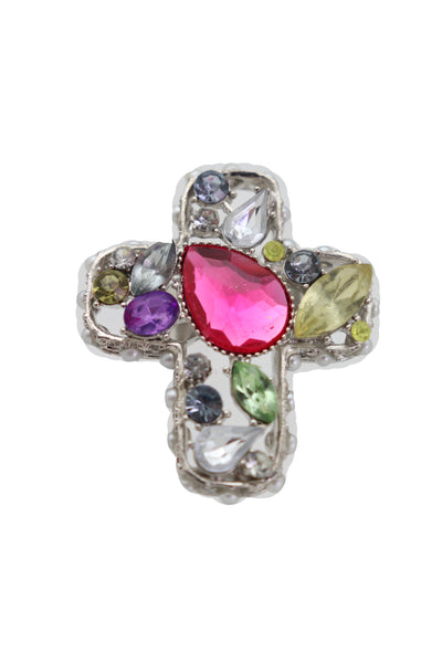 Brand New Women Silver Metal Ring Fashion Jewelry Elastic Band Cross Bling Beads Religious