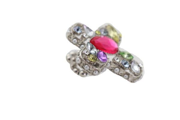 Brand New Women Silver Metal Ring Fashion Jewelry Elastic Band Cross Bling Beads Religious