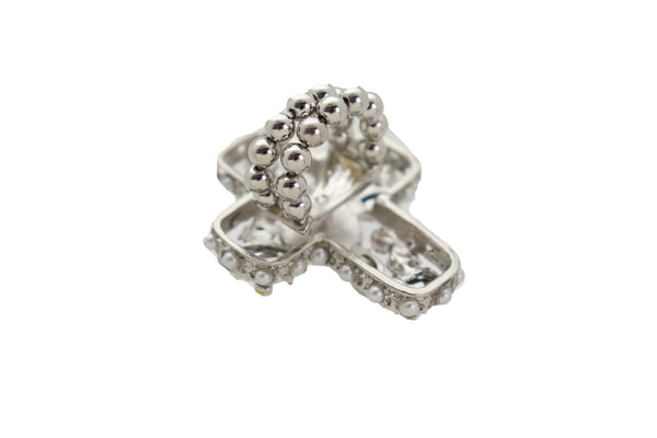 Brand New Women Silver Metal Ring Fashion Jewelry Elastic Band Cross Bling Beads Religious