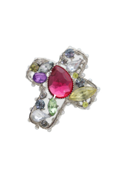 Brand New Women Silver Metal Ring Fashion Jewelry Elastic Band Cross Bling Beads Religious
