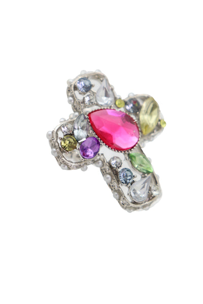 Brand New Women Silver Metal Ring Fashion Jewelry Elastic Band Cross Bling Beads Religious