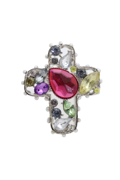 Brand New Women Silver Metal Ring Fashion Jewelry Elastic Band Cross Bling Beads Religious