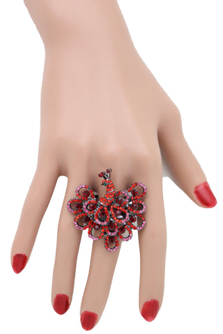 Brand New Women Pewter Peacock Ring Red Pink Feathers Metal Elastic Band One Size Peafowl