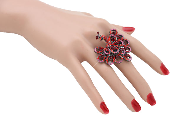 Brand New Women Pewter Peacock Ring Red Pink Feathers Metal Elastic Band One Size Peafowl