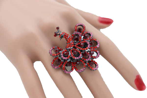 Brand New Women Pewter Peacock Ring Red Pink Feathers Metal Elastic Band One Size Peafowl