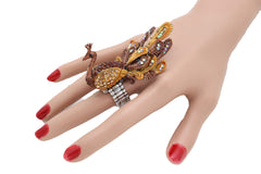Gold Brown Bling Peacock Fashion Ring Elastic Metal Band One Size Feathers