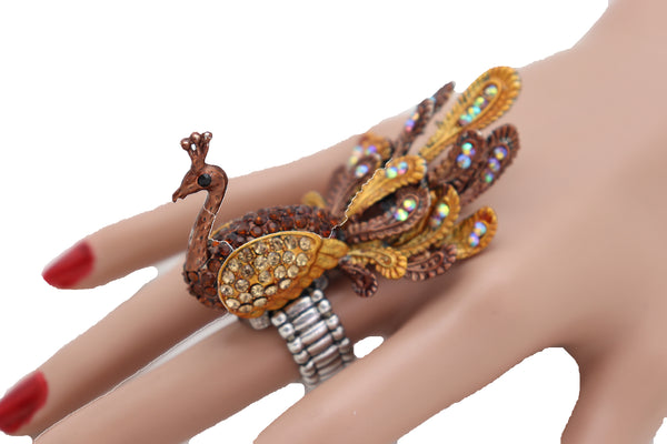 Brand New Women Gold Brown Bling Peacock Fashion Ring Elastic Metal Band One Size Feathers