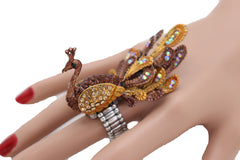 Gold Brown Bling Peacock Fashion Ring Elastic Metal Band One Size Feathers