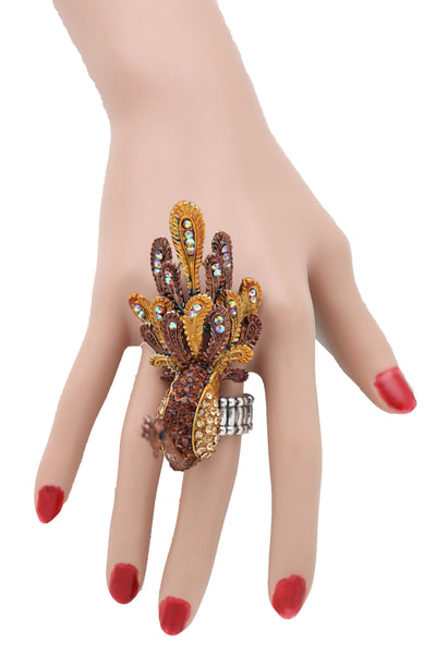 Brand New Women Gold Brown Bling Peacock Fashion Ring Elastic Metal Band One Size Feathers