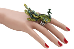 Green Color Peacock Fashion Ring Silver Metal Elastic Band Feathers Animal One Size Fits All
