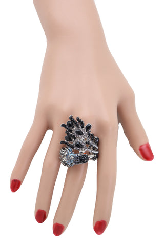 Brand New Women Silver Metal Bling Peacock Ring Elastic Band Black Feather Wrap Around One Size