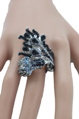 Silver Metal Bling Peacock Ring Elastic Band Black Feather Wrap Around One Size