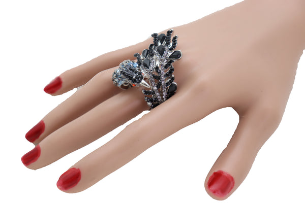 Brand New Women Silver Metal Bling Peacock Ring Elastic Band Black Feather Wrap Around One Size