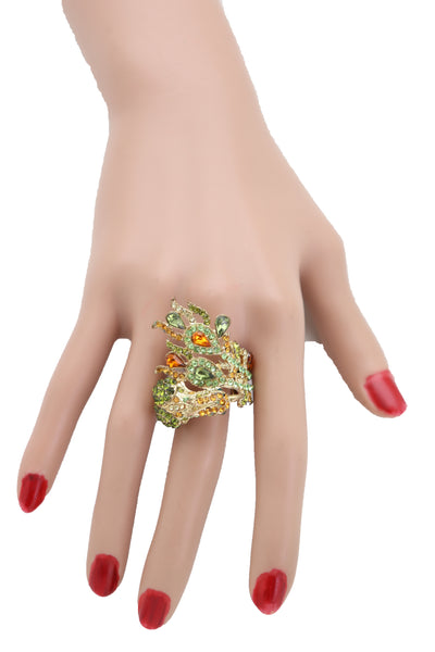 Brand New Women Gold Metal Bling Peacock Ring Fashion Jewelry Green Feather Wrap Around