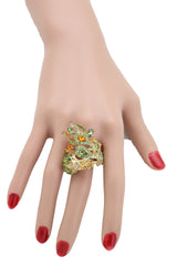 Gold Metal Bling Peacock Ring Green Feather Wrap Around