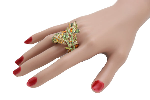 Brand New Women Gold Metal Bling Peacock Ring Fashion Jewelry Green Feather Wrap Around