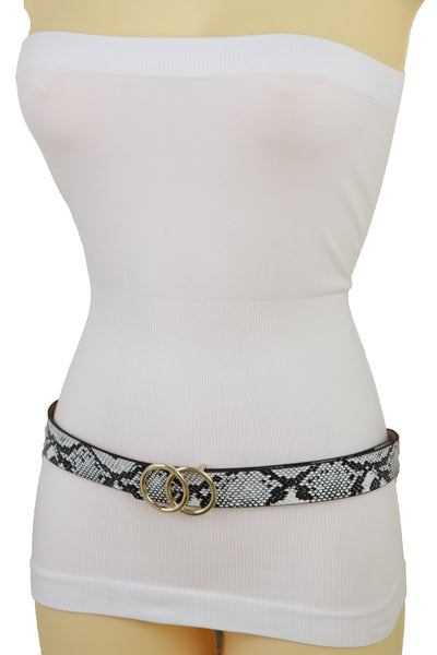 Brand New Women Black Snake Print Skinny Waistband Fashion Belt Gold Metal Buckle Fit L XL