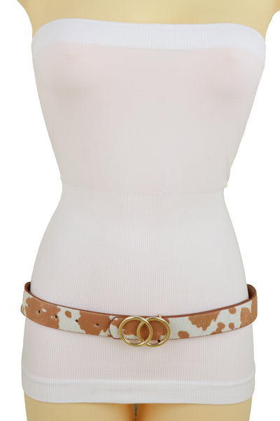 Brand New Women Belt Waist Hip Gold Metal Buckle White Brown Faux Cow Leather Size L XL